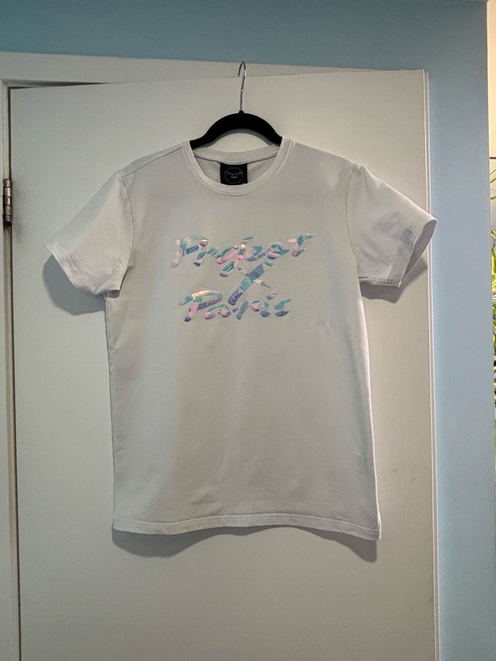 Premium White Graphic Tee with Iridescent Script